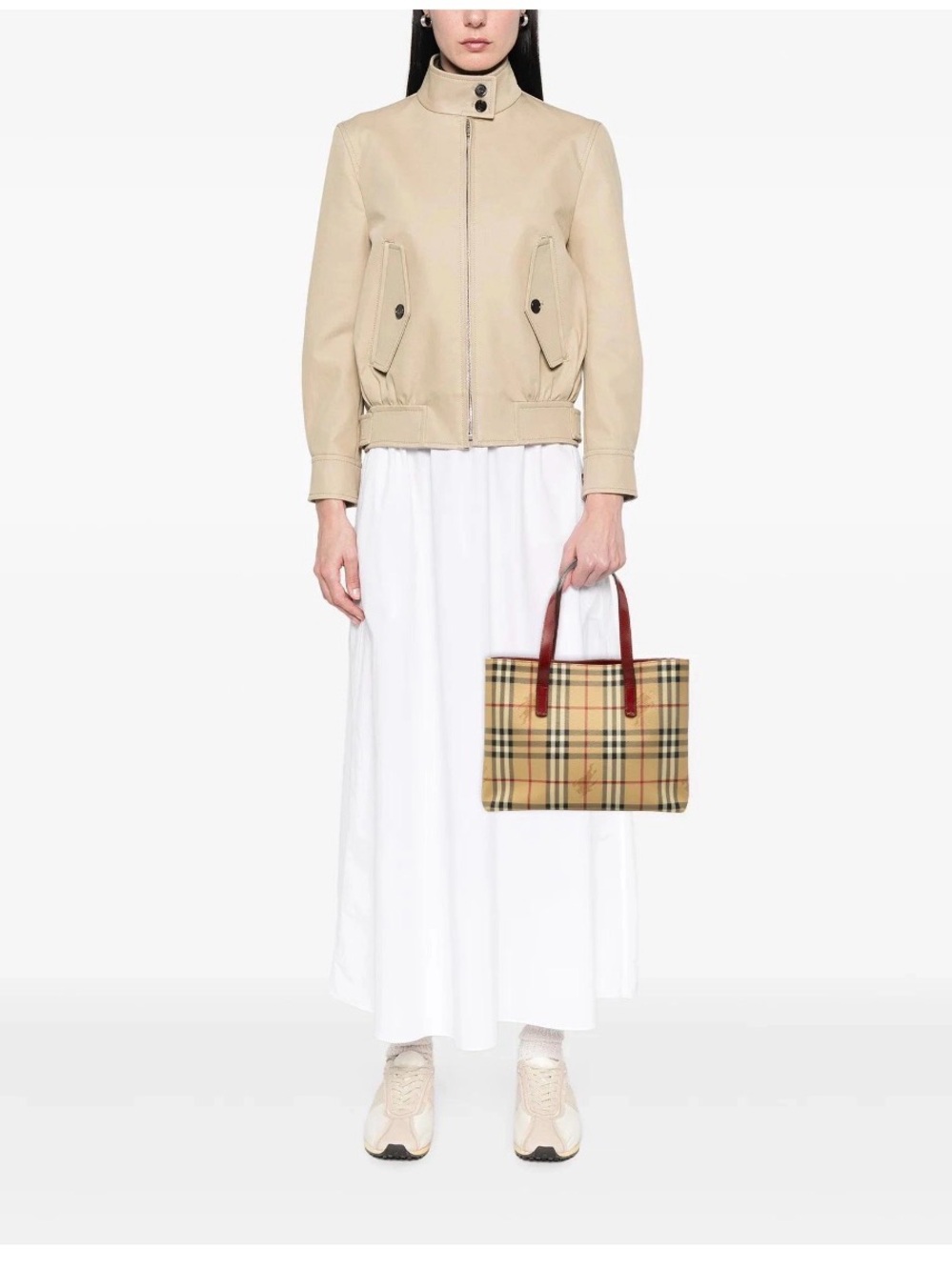 Burberry Haymarket Check Coated Canvas Tote Bag with Red Leather Handles Vintage